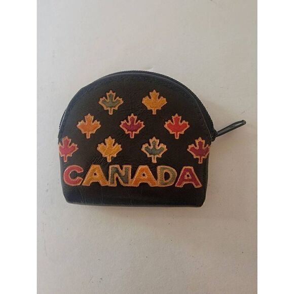 Women's Canadian Maple Leaf Pattern Small Coin Purse Wallet In Black - Picture 2 of 5